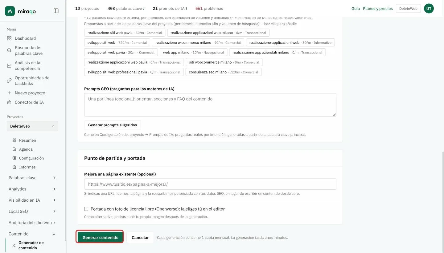 La parte final del formulario: Prompts GEO con Generar prompts sugeridos, la tarjeta Punto de partida y portada con el campo URL de Mejora una página existente y la casilla de la foto de portada con licencia libre, y abajo el botón Generar contenido resaltado con la nota sobre la cuota mensual