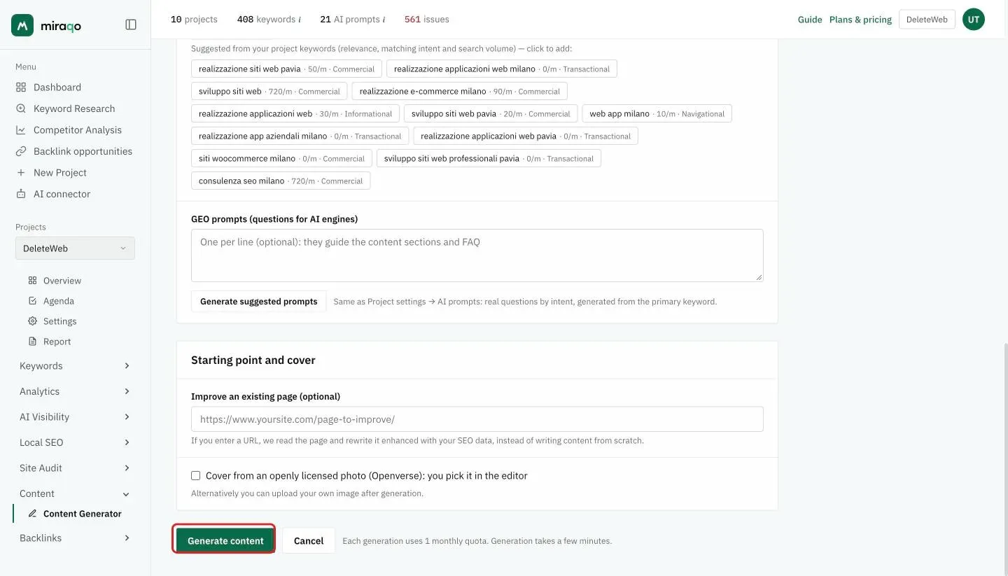 The final part of the form: GEO prompts with Generate suggested prompts, the Starting point and cover card with the URL field of Improve an existing page and the openly licensed cover photo checkbox, and at the bottom the Generate content button highlighted with the note on the monthly quota