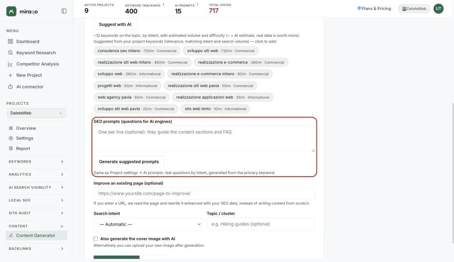 The final part of the form: GEO Prompts with Generate suggested prompts, Improve an existing page with the URL field, Search intent, Theme / cluster, the AI cover image checkbox and the Generate button