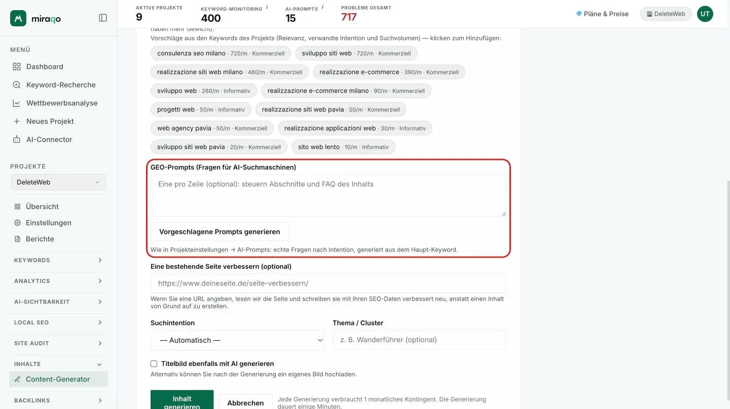 Der letzte Teil des Formulars: GEO-Prompt mit Vorgeschlagene Prompts generieren, Bestehende Seite verbessern mit dem URL-Feld, Suchintention, Thema / Cluster, das Kästchen für das AI-Titelbild und der Button Generieren