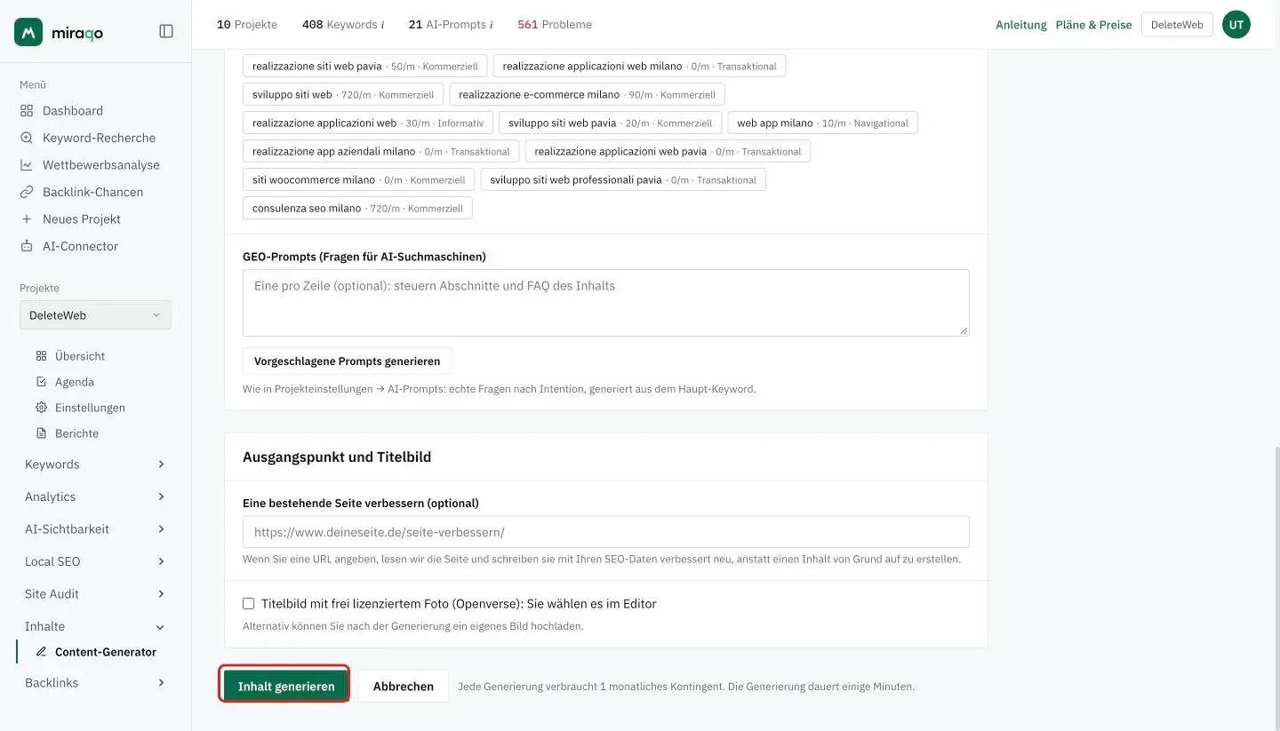 Der letzte Teil des Formulars: GEO-Prompts mit Vorgeschlagene Prompts generieren, die Karte Ausgangspunkt und Titelbild mit dem URL-Feld von Eine bestehende Seite verbessern und dem Kästchen für das frei lizenzierte Titelfoto, und unten hervorgehoben der Button Inhalt generieren mit dem Hinweis zum Monatskontingent