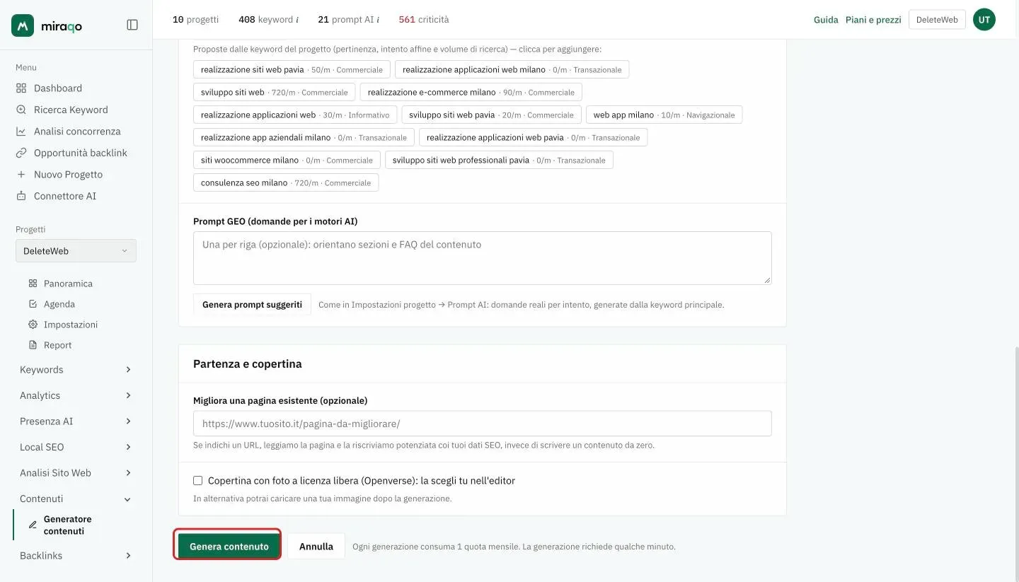 La parte finale del form: Prompt GEO con Genera prompt suggeriti, la card Partenza e copertina con il campo URL di Migliora una pagina esistente e la casella della copertina con foto a licenza libera, e in fondo il pulsante Genera contenuto evidenziato con la nota sulla quota mensile