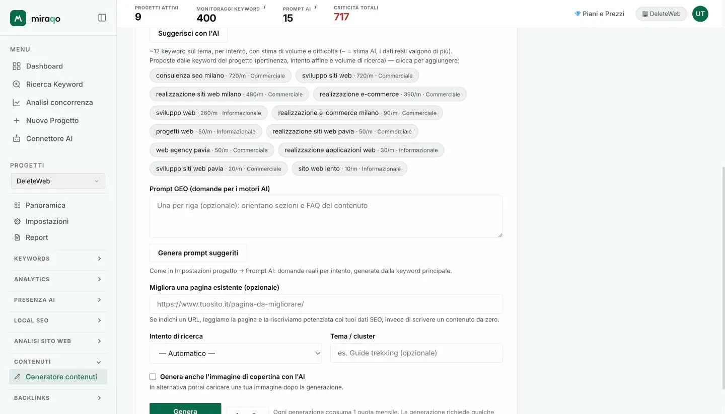 La parte finale del form: Prompt GEO con Genera prompt suggeriti, Migliora una pagina esistente con il campo URL, Intento di ricerca, Tema / cluster, la casella per la copertina AI e il pulsante Genera