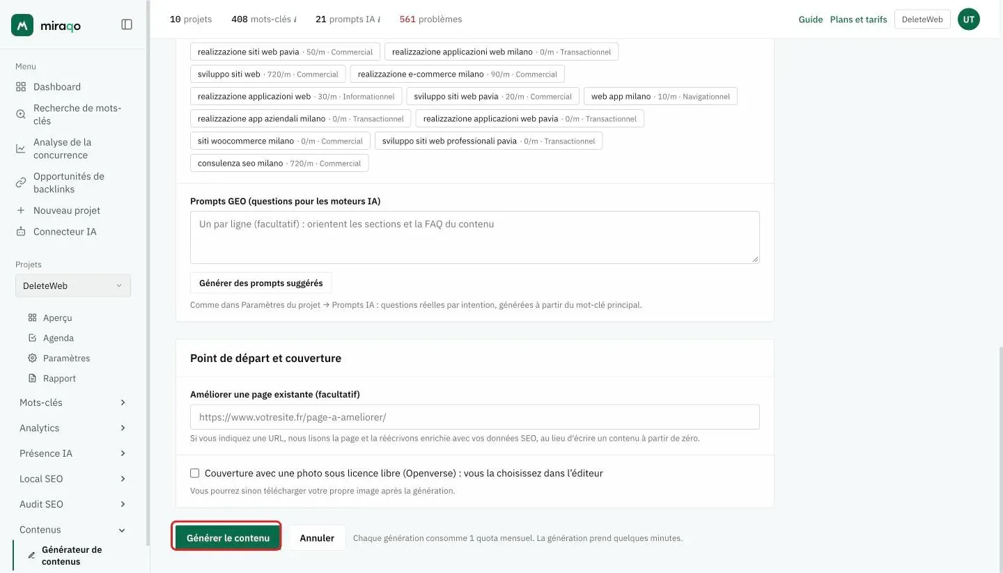 La partie finale du formulaire : Prompts GEO avec Générer des prompts suggérés, la carte Point de départ et couverture avec le champ URL d’Améliorer une page existante et la case de la photo de couverture sous licence libre, et en bas le bouton Générer le contenu mis en évidence avec la note sur le quota mensuel