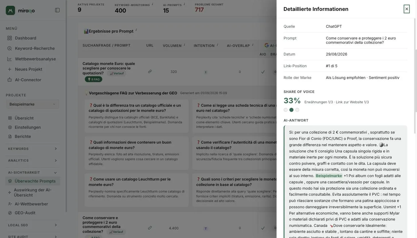 Das rechts geöffnete Panel Detaillierte Informationen: Quelle, Prompt, Datum, Position des Links und Rolle der Marke, dann die groß dargestellte Share of Voice mit den drei Punkten der Durchläufe und dem Anfang der AI-Antwort mit der grün hervorgehobenen Marke