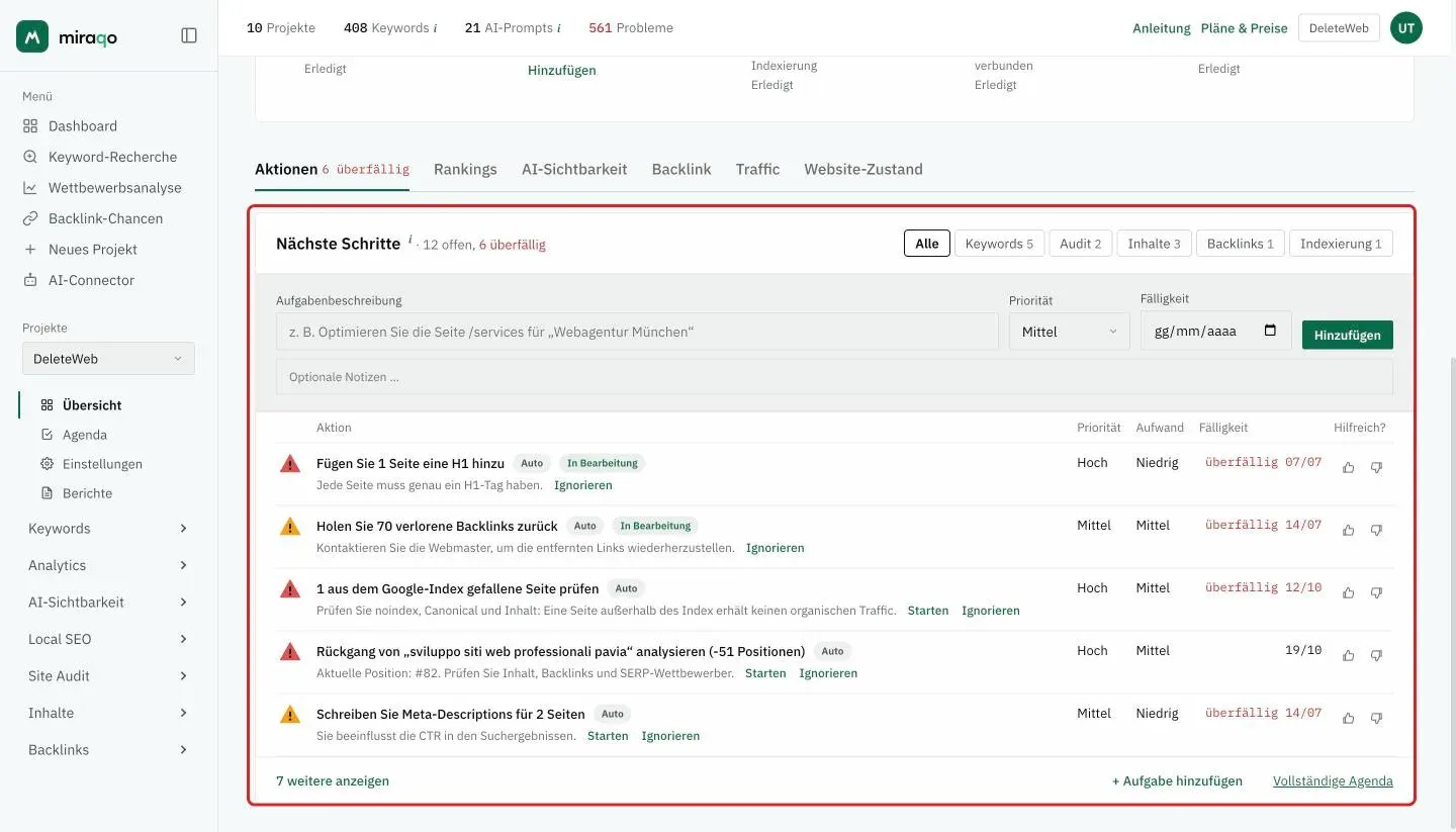 Der hervorgehobene Tab Aktionen mit dem geöffneten Formular für eine neue Aufgabe: Aufgabenbeschreibung, Priorität, Fälligkeit, der Button Hinzufügen und die Notizen; darunter die Auto-Aufgaben mit Priorität, Aufwand, Fälligkeit, Starten, Ignorieren und den Daumen Hilfreich?, unten Weitere anzeigen, + Aufgabe hinzufügen und Vollständige Agenda