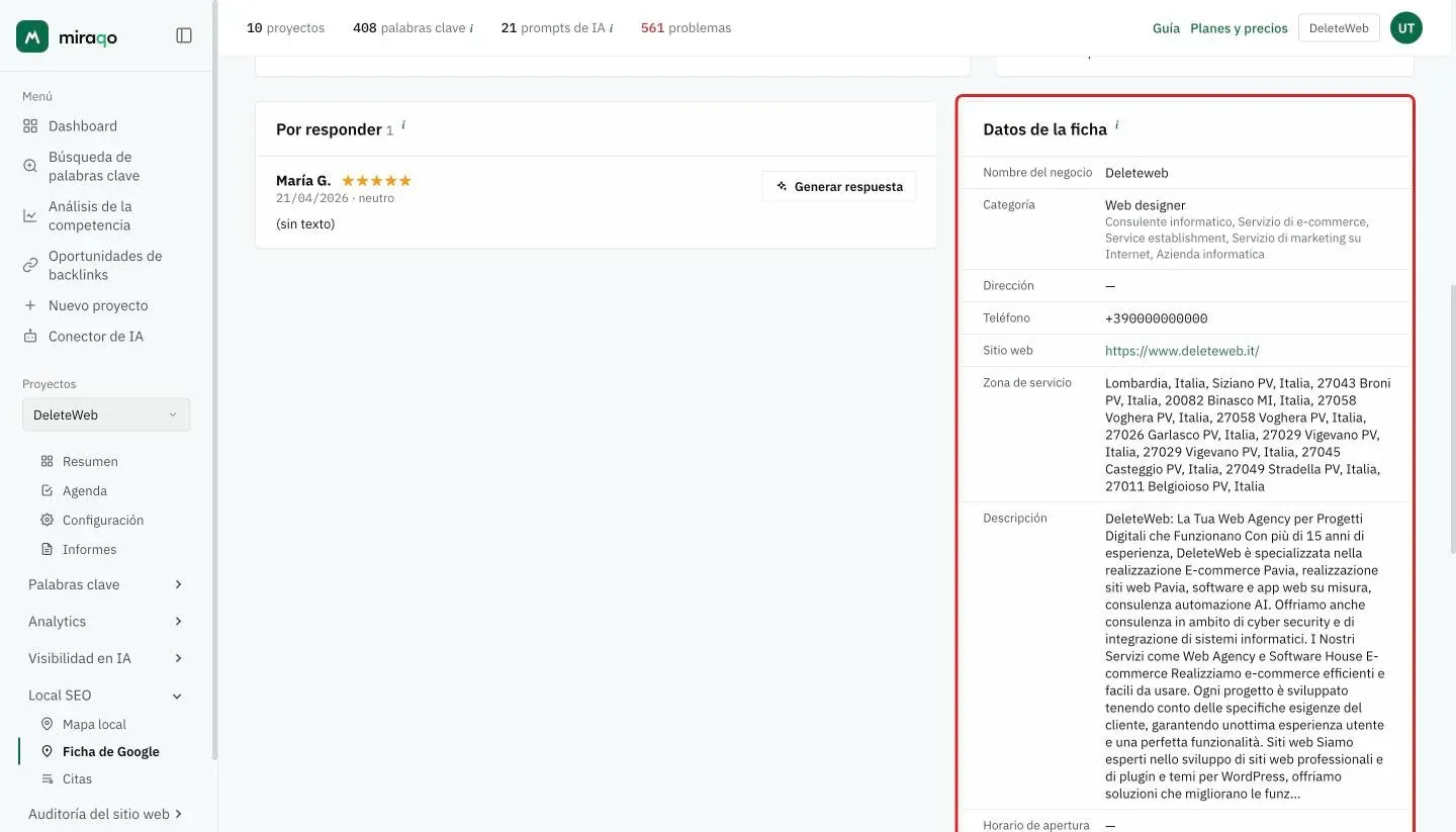 La tarjeta Datos de la ficha resaltada: nombre del negocio, categoría principal y secundarias, dirección con guion, teléfono, sitio web, zona de servicio y descripción