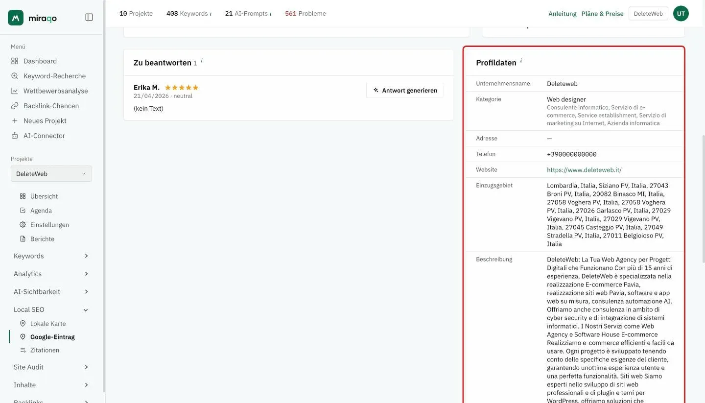 Die hervorgehobene Karte Daten des Eintrags: Unternehmensname, Haupt- und Nebenkategorien, Adresse mit Gedankenstrich, Telefon, Website, Einzugsgebiet und Beschreibung