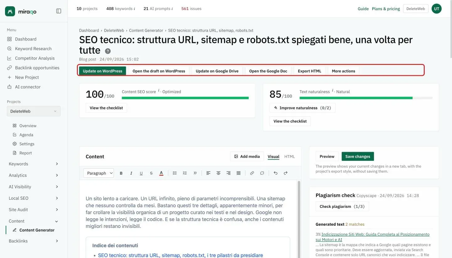 The draft editor: highlighted at the top the Update on WordPress, Open the draft on WordPress, Update on Google Drive, Open the Google Doc, Export HTML and More actions buttons; below, the Content SEO score at 100 and Text naturalness at 85 with Improve naturalness; on the left the editor with Add media and the Visual and HTML tabs, on the right Preview, Save changes and the Plagiarism check