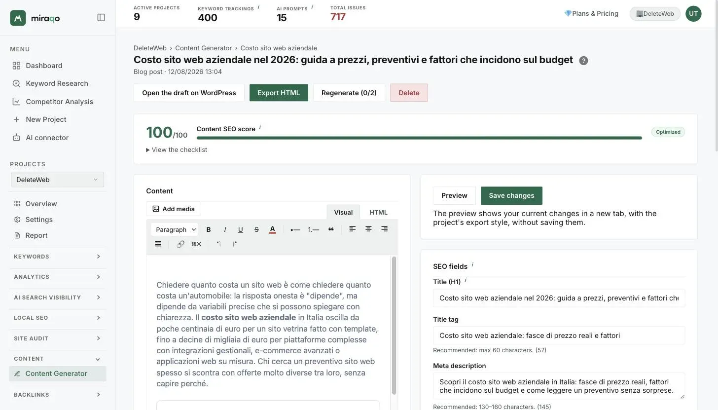 The draft editor: at the top the Open draft on WordPress, Export HTML, Regenerate and Delete buttons, then the Content SEO score with the checklist; on the left the editor with Add media and the Visual and HTML tabs, on the right Preview, Save changes and the SEO fields