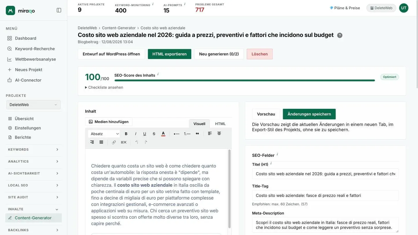 Der Editor eines Entwurfs: oben die Buttons Entwurf auf WordPress öffnen, HTML exportieren, Regenerieren und Löschen, dann der SEO-Score des Inhalts mit der Checkliste; links der Editor mit Medien hinzufügen und den Tabs Visuell und HTML, rechts Vorschau, Änderungen speichern und die SEO-Felder