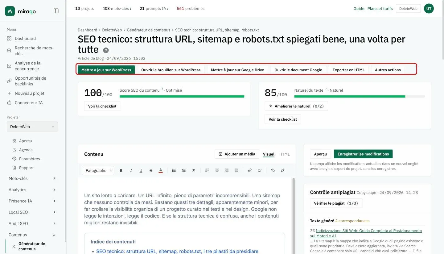 L’éditeur d’un brouillon : mis en évidence en haut, les boutons Mettre à jour sur WordPress, Ouvrir le brouillon sur WordPress, Mettre à jour sur Google Drive, Ouvrir le document Google, Exporter en HTML et Autres actions ; dessous, le Score SEO du contenu à 100 et le Naturel du texte à 85 avec Améliorer le naturel ; à gauche l’éditeur avec Ajouter un média et les onglets Visuel et HTML, à droite Aperçu, Enregistrer les modifications et le Contrôle antiplagiat