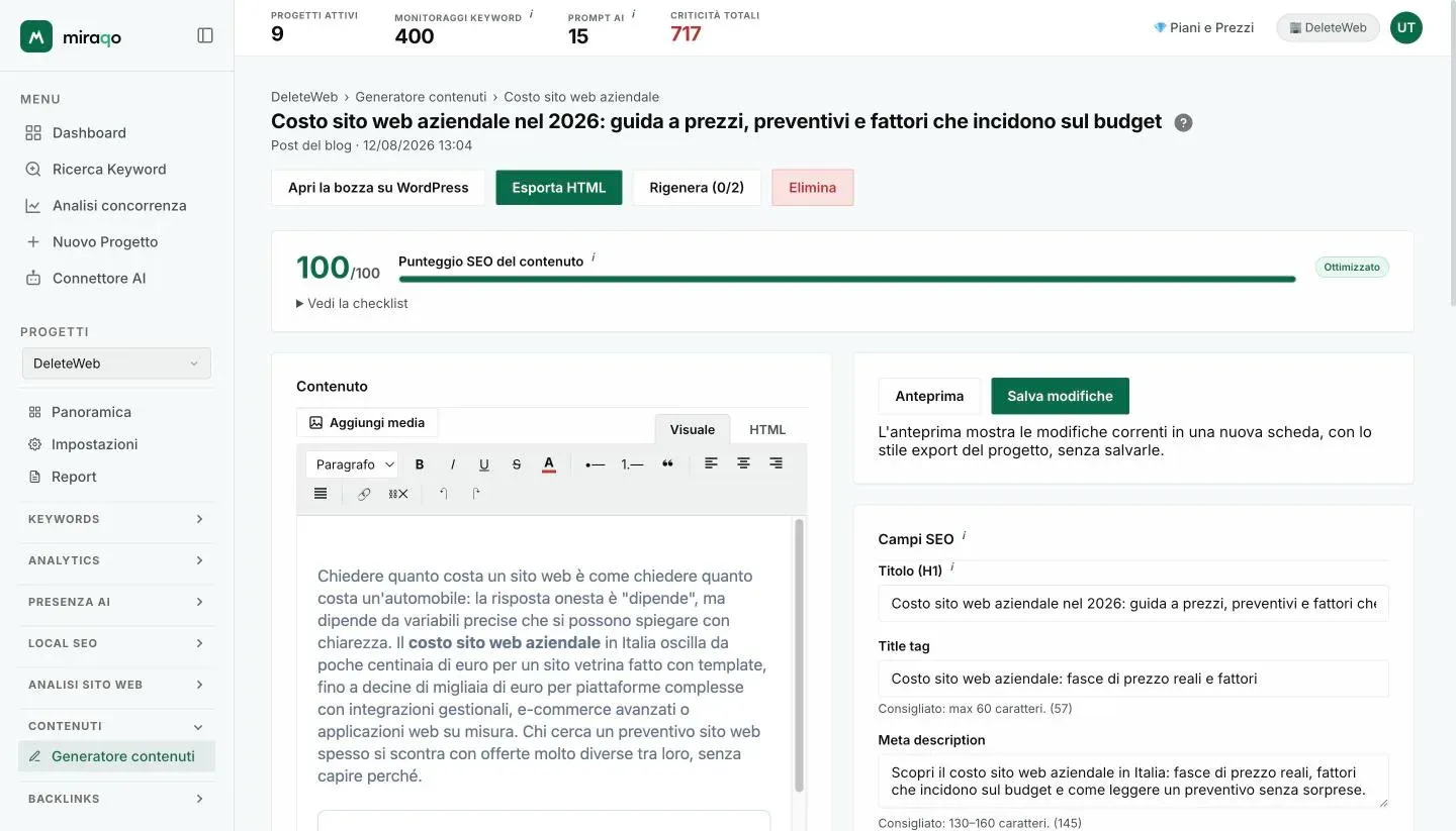 L’editor di una bozza: in alto i pulsanti Apri la bozza su WordPress, Esporta HTML, Rigenera ed Elimina, poi il Punteggio SEO del contenuto con la checklist; a sinistra l’editor con Aggiungi media e le schede Visuale e HTML, a destra Anteprima, Salva modifiche e i Campi SEO