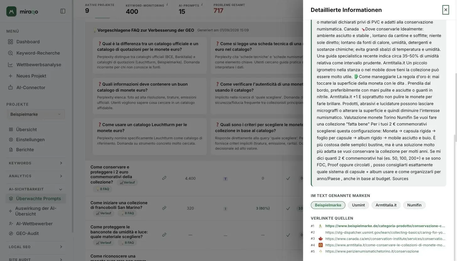 Der letzte Teil des Panels: die vollständige Antwort, die Liste Im Text genannte Marken als Chips und die nummerierten Verlinkten Quellen mit Favicon und Domain, deine hervorgehoben