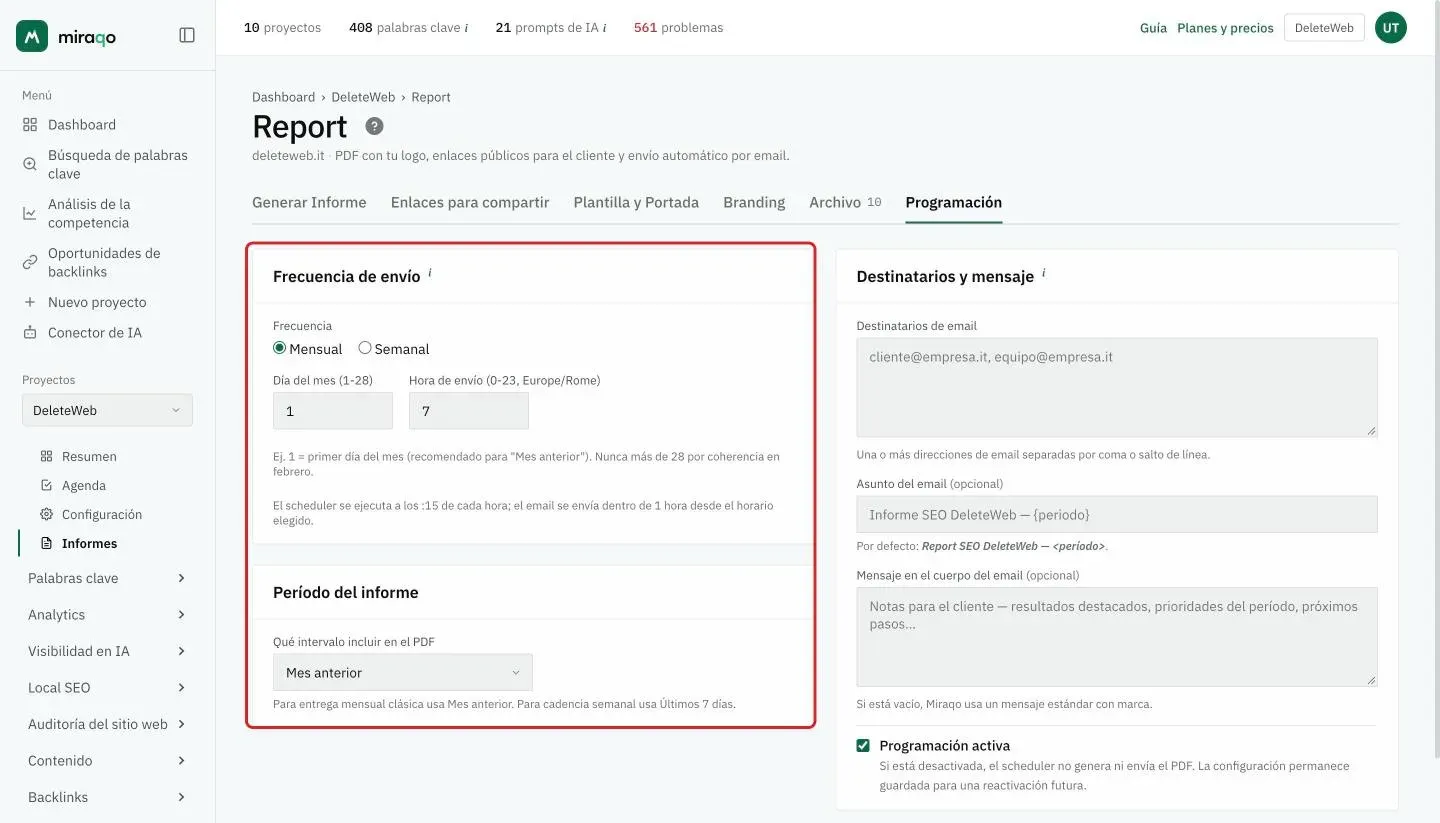 La pestaña Programación: resaltadas a la izquierda, la tarjeta Frecuencia de envío con Mensual o Semanal, el día del mes y la hora de envío, y la tarjeta Período del informe con el menú del intervalo