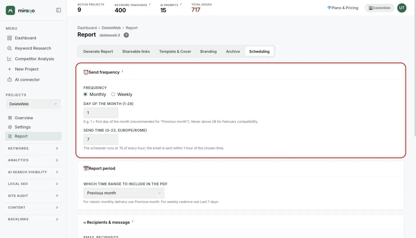 The Scheduling tab: the Delivery frequency card with Monthly or Weekly, the day of the month and the delivery time, then the Report period card with the interval menu