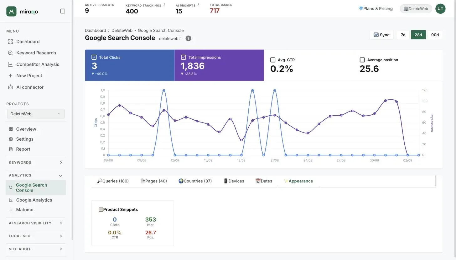 The Appearance tab with the highlighted Product Snippets card: clicks, impressions, CTR and position for that result type