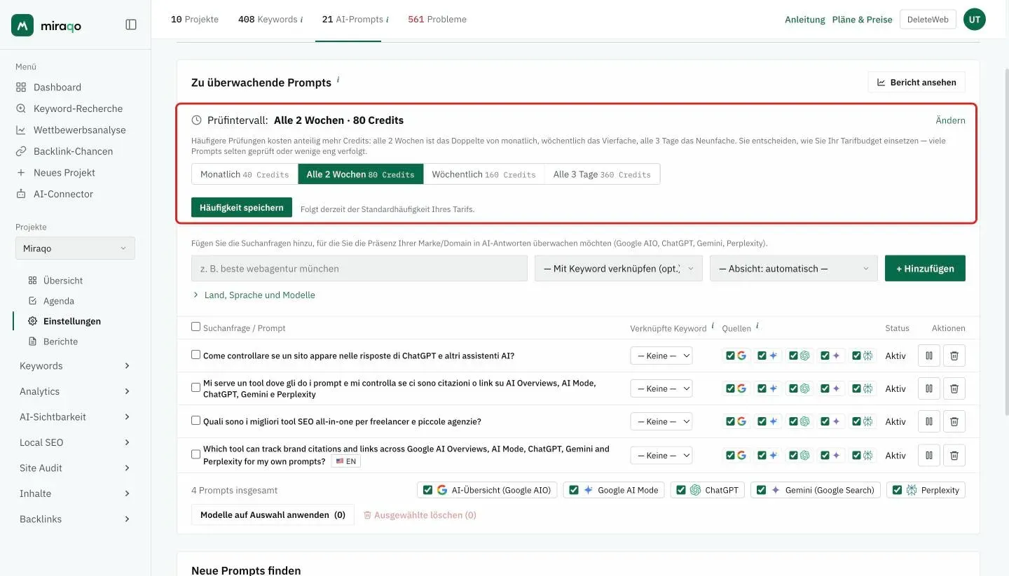 Die oben in der Karte Zu überwachende Prompts geöffnete Zeile Prüfintervall, hervorgehoben: die Kostenerklärung, die vier Optionen Monatlich, Alle 2 Wochen, Wöchentlich und Alle 3 Tage mit den Credits jeder Option und der Button Häufigkeit speichern
