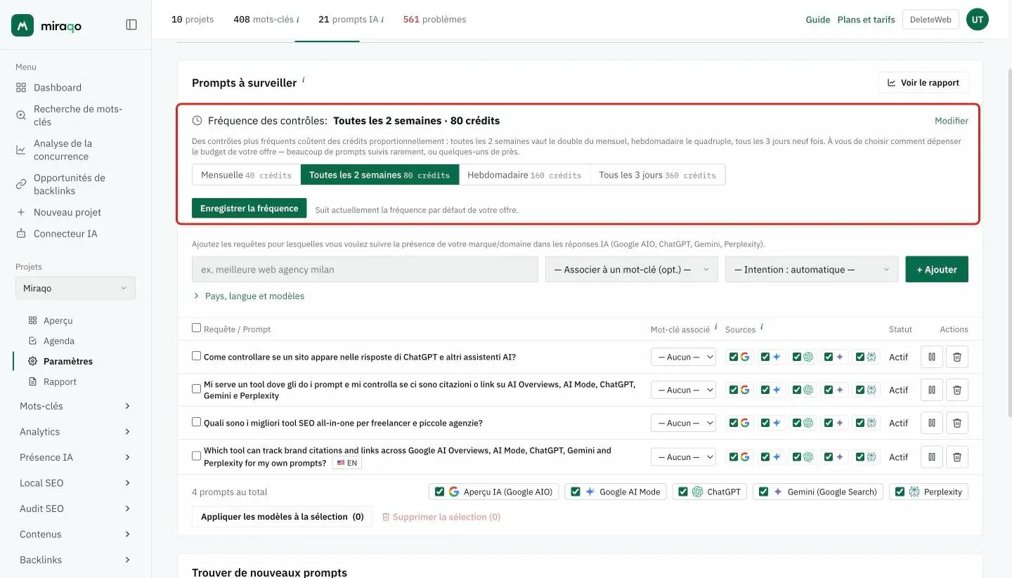 La ligne Fréquence des contrôles ouverte en haut de la carte Prompts à suivre, mise en valeur : l’explication du coût, les quatre options Mensuelle, Toutes les 2 semaines, Hebdomadaire et Tous les 3 jours avec les crédits de chacune et le bouton Enregistrer la fréquence