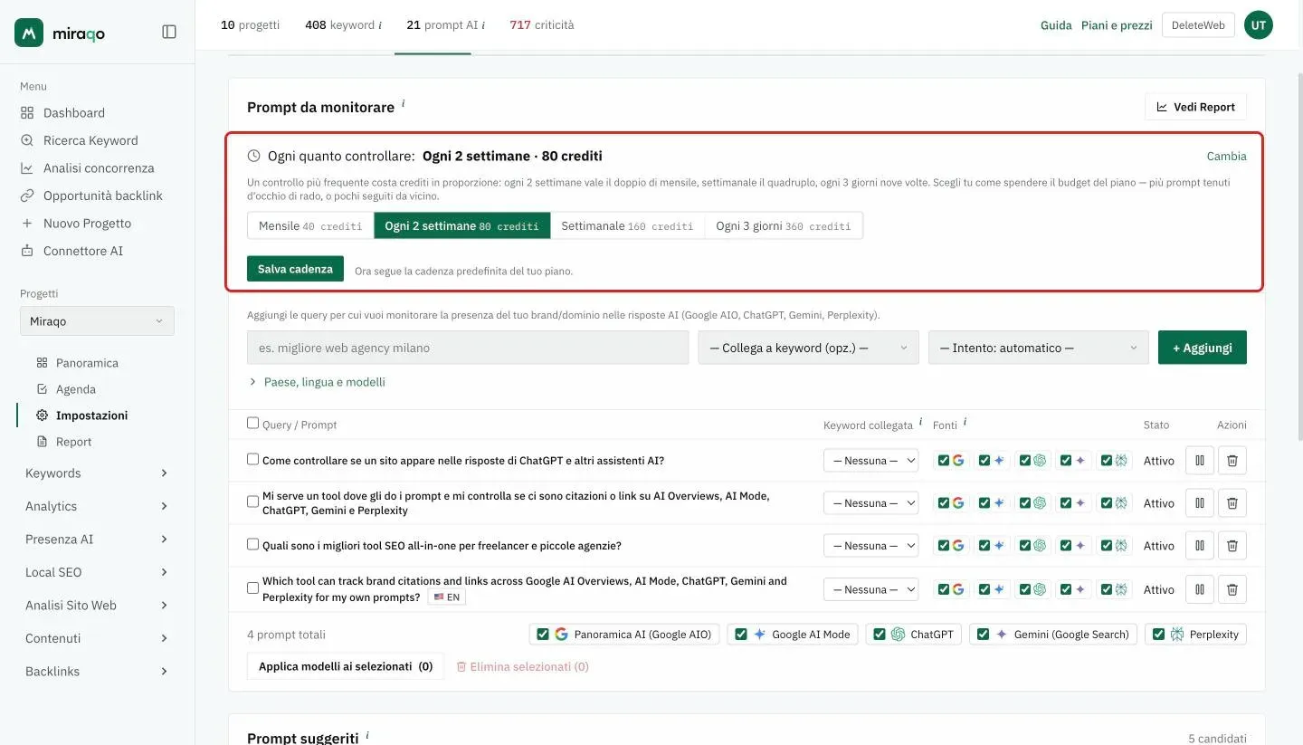 La riga Ogni quanto controllare aperta in cima alla card Prompt da Monitorare, evidenziata: la spiegazione del costo, le quattro opzioni Mensile, Ogni 2 settimane, Settimanale e Ogni 3 giorni con i crediti di ciascuna e il pulsante Salva cadenza