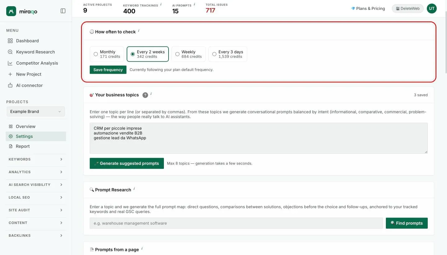 The How often to check card at the top of the Prompt AI tab in Settings, highlighted: the four options Monthly, Every 2 weeks, Weekly and Every 3 days with the credit cost of each and the Save cadence button