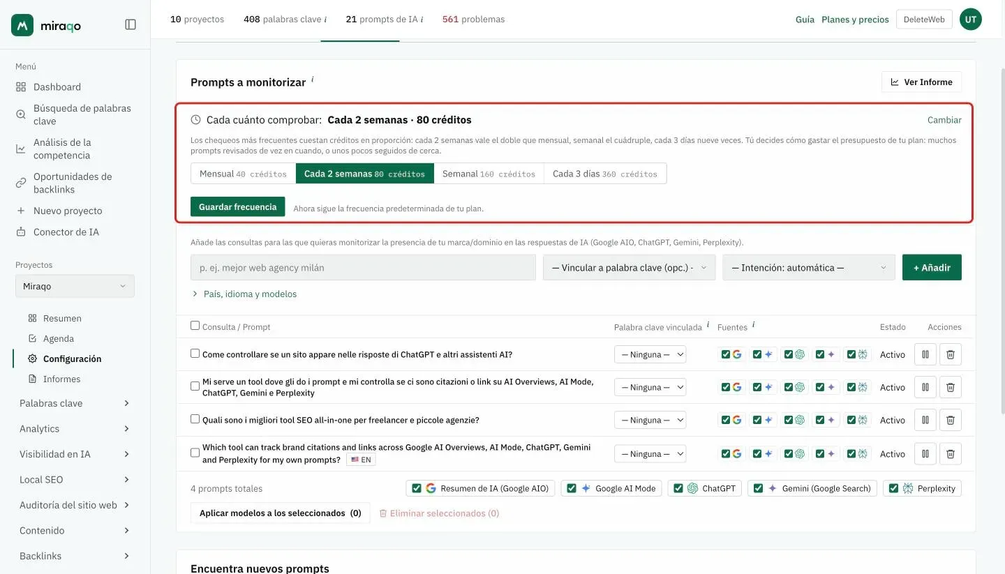 La fila Cada cuánto comprobar abierta en lo alto de la tarjeta Prompts a Monitorizar, resaltada: la explicación del coste, las cuatro opciones Mensual, Cada 2 semanas, Semanal y Cada 3 días con los créditos de cada una y el botón Guardar frecuencia