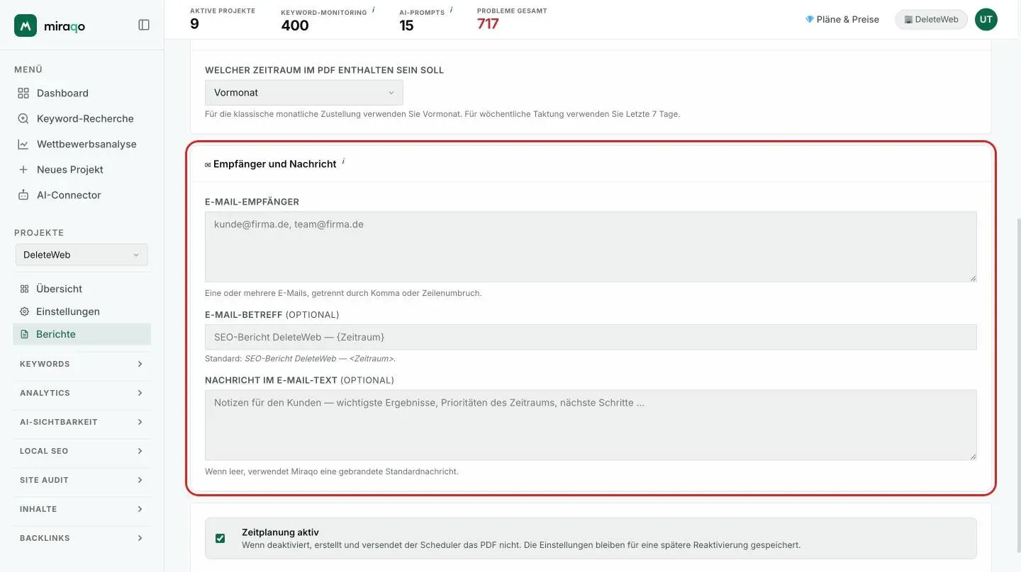 Die Karte Empfänger und Nachricht: E-Mail-Empfänger, Betreff und Nachrichtentext im Hauptteil, der Schalter Zeitplan aktiv und der Button Zeitplan speichern