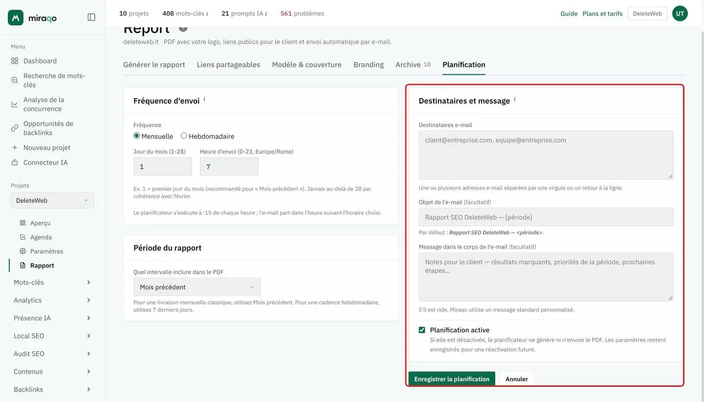 La carte Destinataires et message mise en évidence : destinataires e-mail, objet et message dans le corps, la case Planification active et le bouton Enregistrer la planification