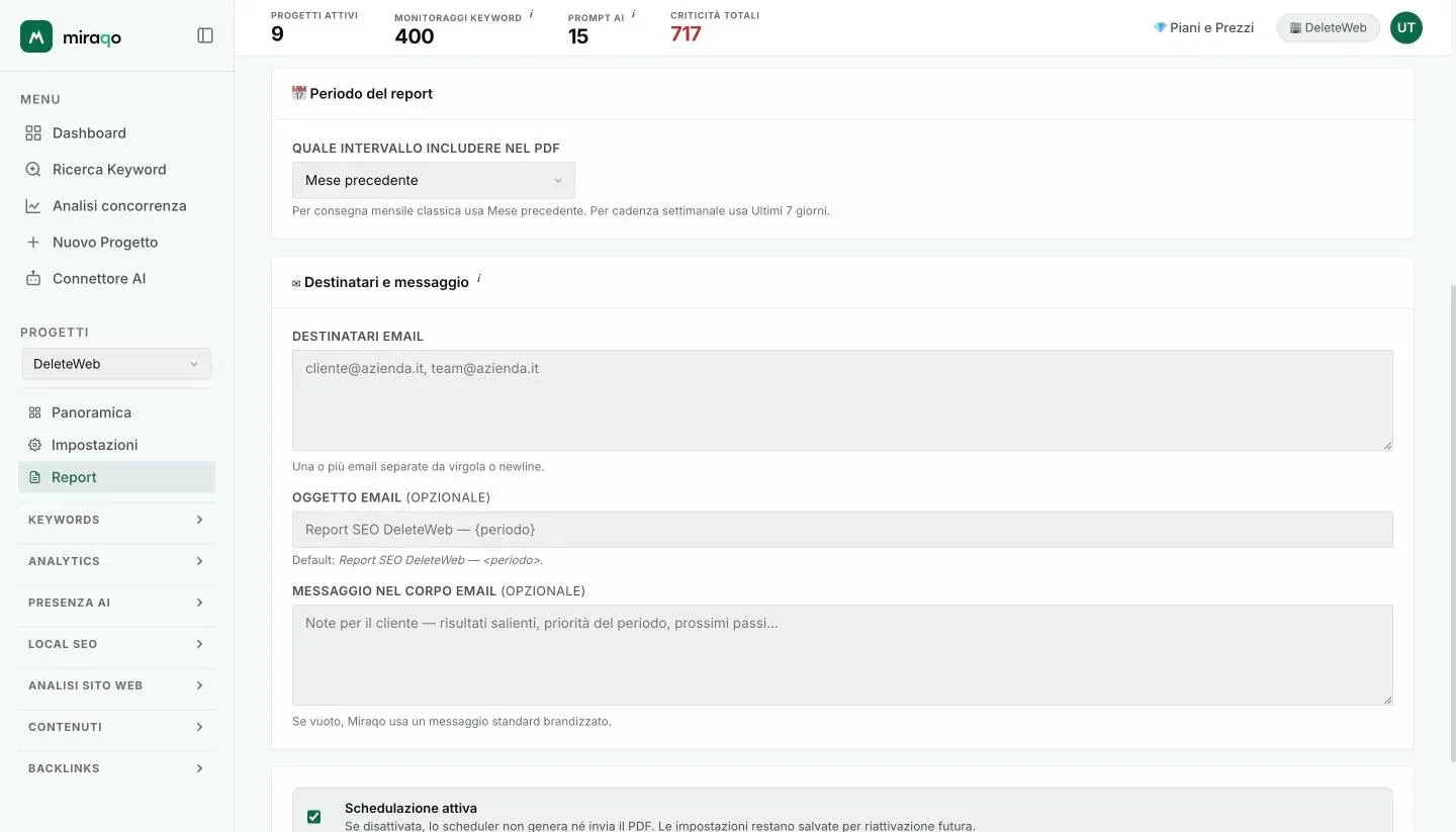 La card Destinatari e messaggio: destinatari email, oggetto e messaggio nel corpo, l’interruttore Schedulazione attiva e il pulsante Salva schedulazione