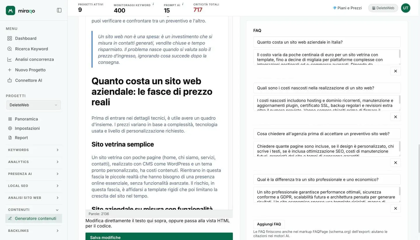 La colonna laterale scorsa in basso: le FAQ della bozza, una coppia domanda e risposta per riga con il pulsante per rimuoverla, e Aggiungi FAQ; sotto l’editor il conteggio delle parole