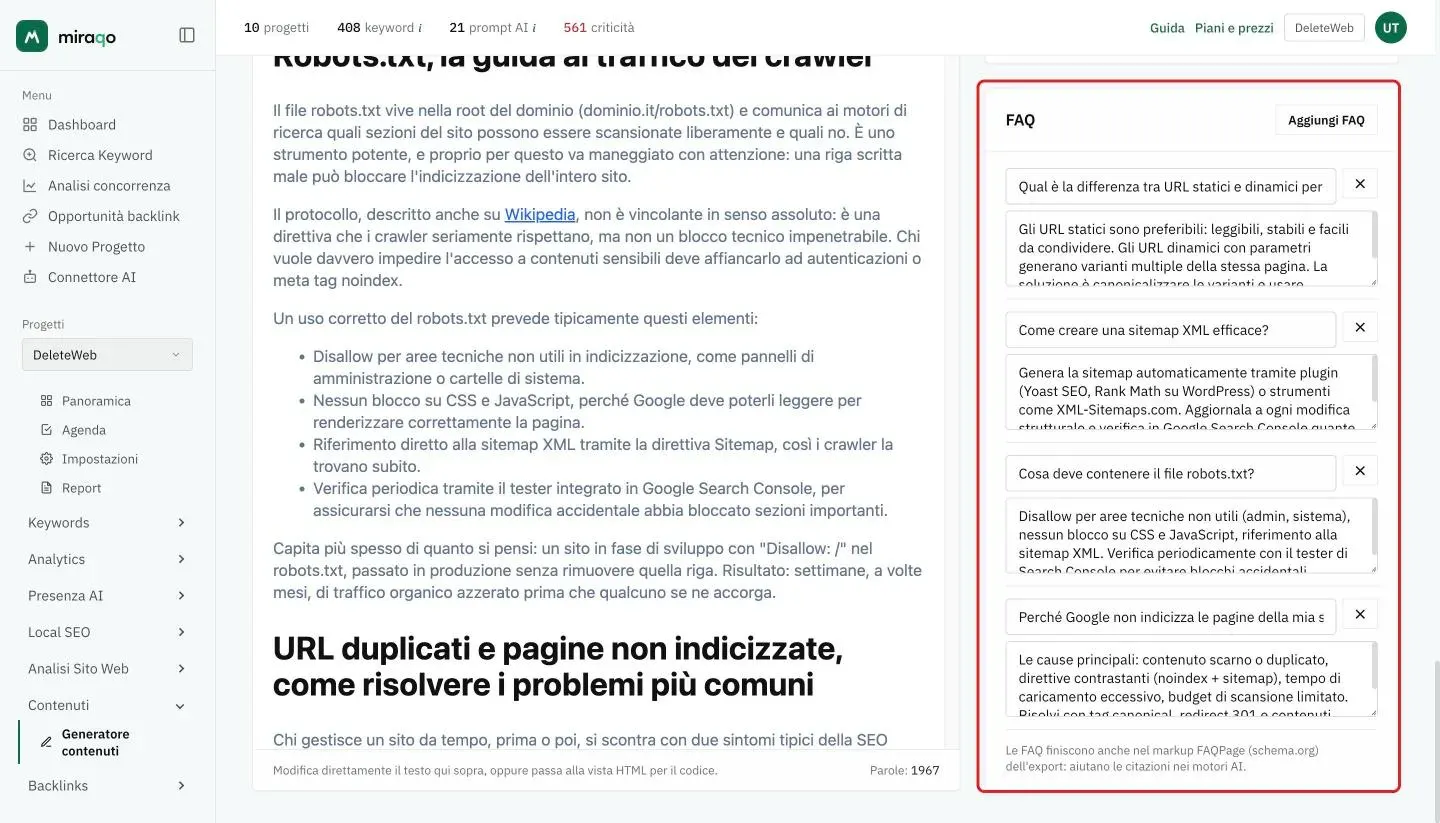 La card FAQ evidenziata nella colonna laterale: il pulsante Aggiungi FAQ, quattro coppie di domanda e risposta ciascuna con il pulsante per rimuoverla e la nota sul markup FAQPage; sotto l’editor il conteggio delle parole