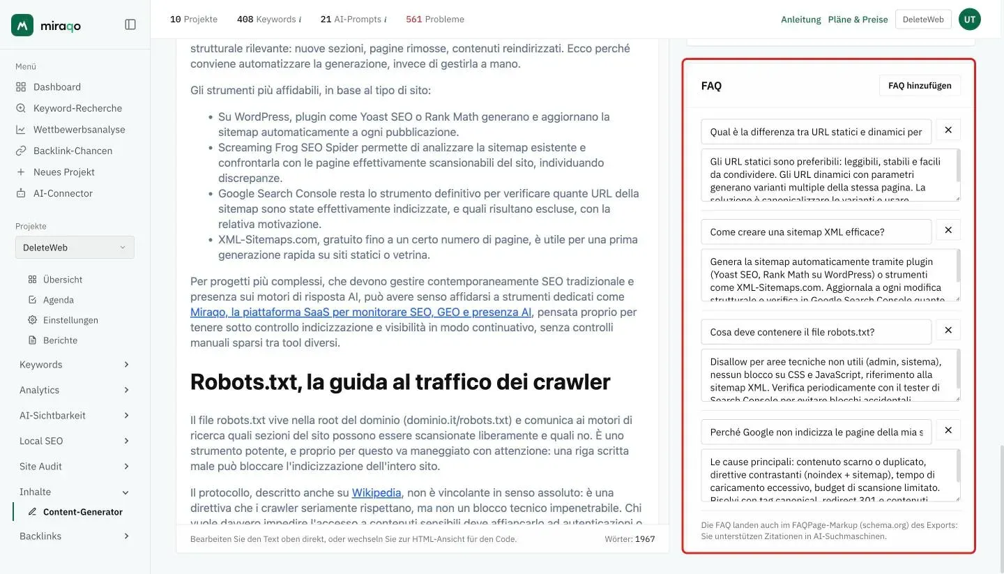 Die hervorgehobene Karte FAQ in der Seitenspalte: der Button FAQ hinzufügen, vier Frage-Antwort-Paare jeweils mit dem Button zum Entfernen und der Hinweis zum FAQPage-Markup; unter dem Editor die Wortanzahl