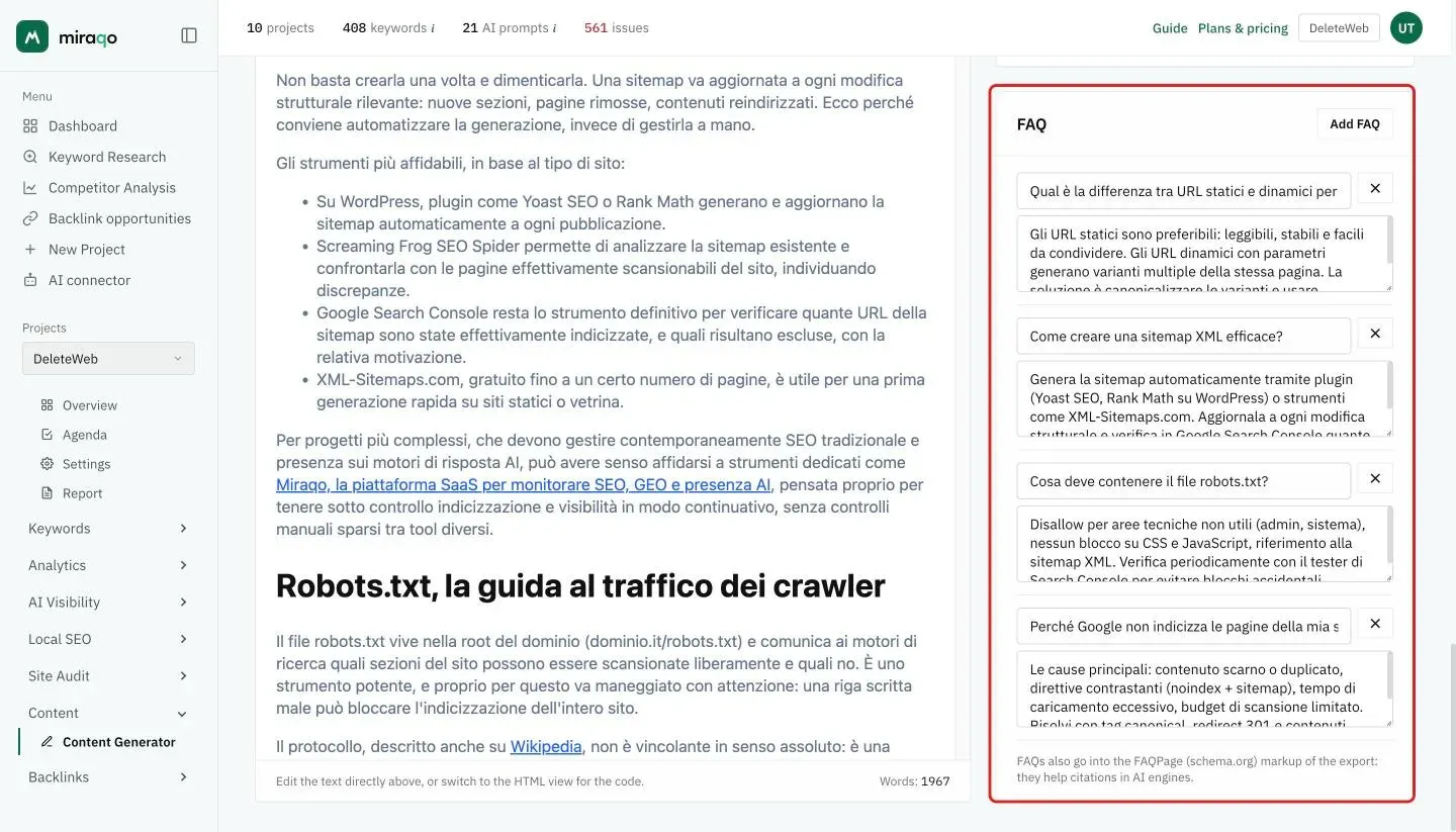 The FAQ card highlighted in the side column: the Add FAQ button, four question-and-answer pairs each with the button to remove it and the note on the FAQPage markup; below the editor, the word count
