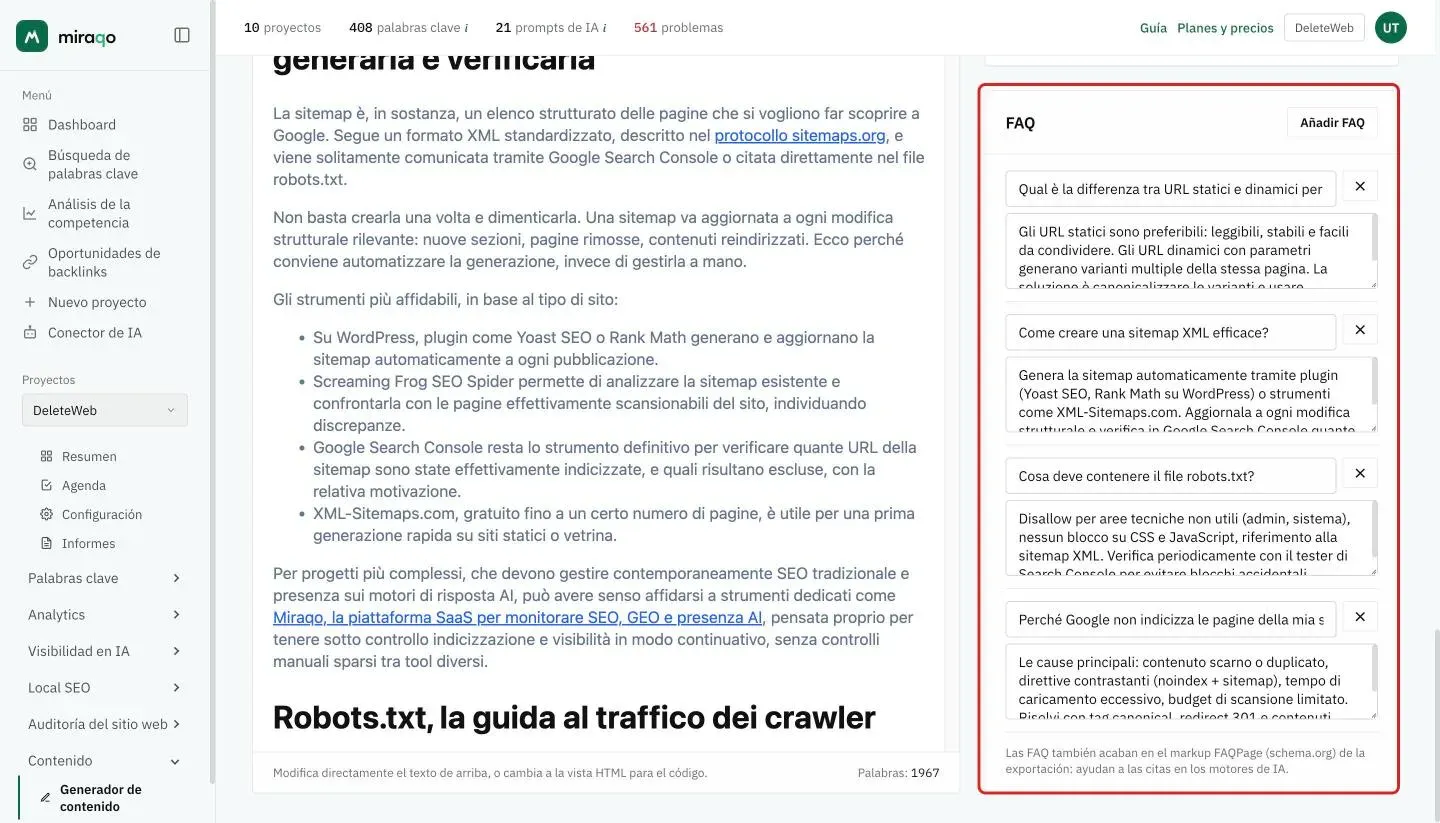 La tarjeta FAQ resaltada en la columna lateral: el botón Añadir FAQ, cuatro pares pregunta y respuesta cada uno con el botón para eliminarlo y la nota sobre el marcado FAQPage; debajo del editor, el recuento de palabras