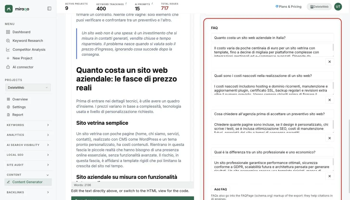 The side column scrolled down: the draft’s FAQs, one question-and-answer pair per row with the button to remove it, and Add FAQ; below the editor, the word count