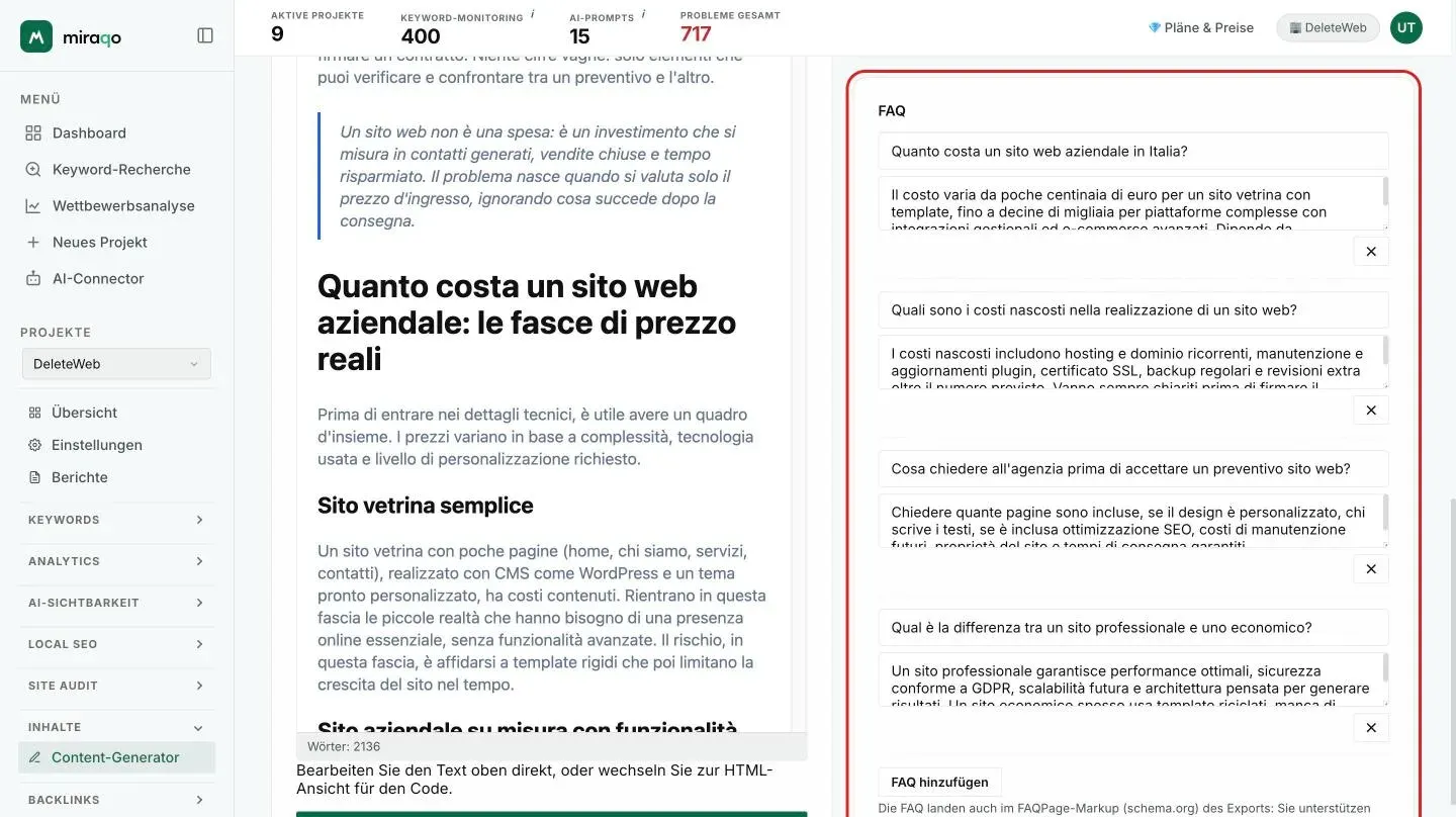 Die nach unten gescrollte Seitenspalte: die FAQs des Entwurfs, ein Frage-Antwort-Paar pro Zeile mit dem Button zum Entfernen, und FAQ hinzufügen; unter dem Editor die Wortanzahl