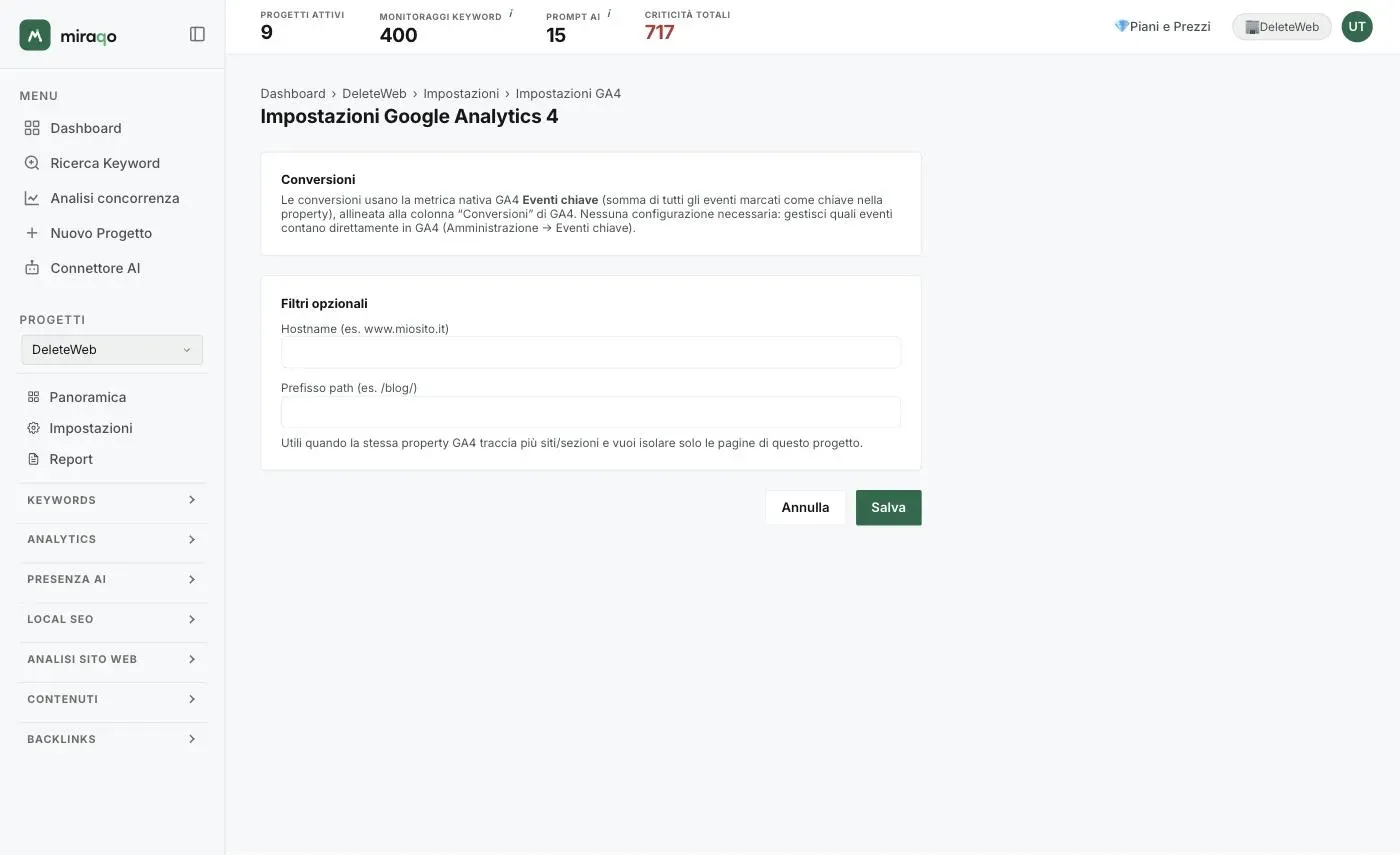 La pagina Impostazioni Google Analytics 4: il riquadro Conversioni spiega che si usano gli Eventi chiave nativi, sotto i Filtri opzionali Hostname e Prefisso path con i bottoni Annulla e Salva
