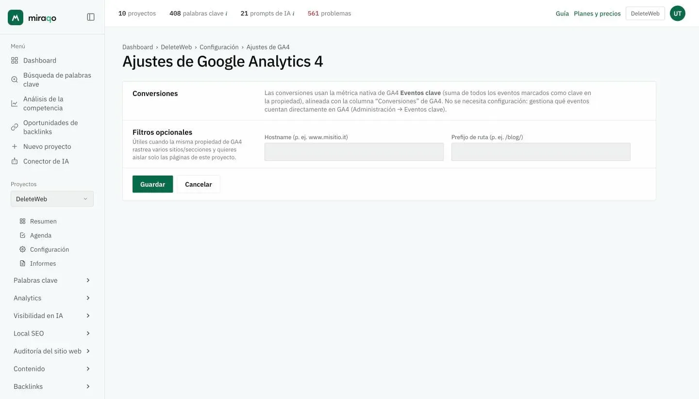 La página Configuración de Google Analytics 4: el recuadro Conversiones explica que se usan los Eventos clave nativos, debajo los Filtros opcionales Nombre de host y Prefijo de ruta con los botones Cancelar y Guardar