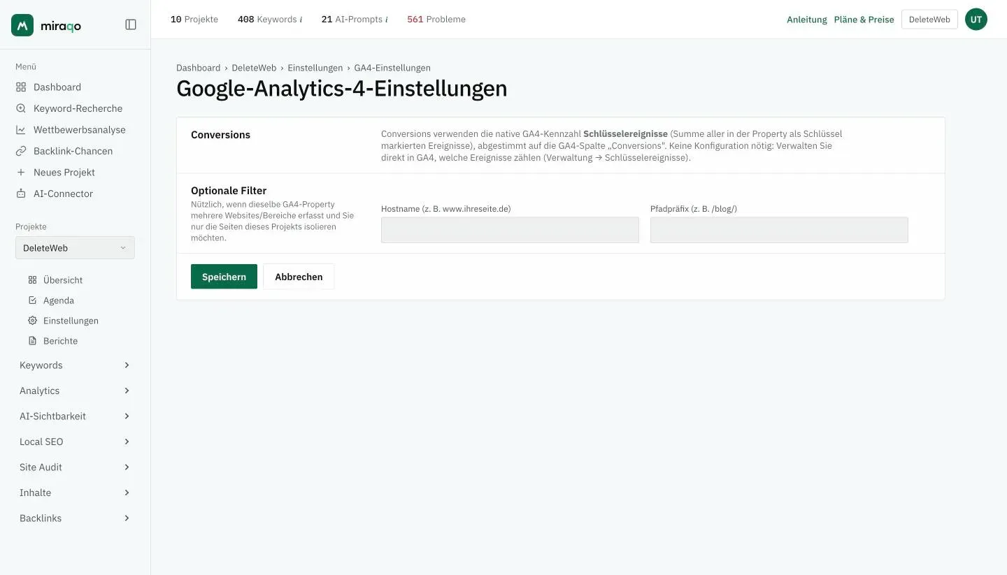 Die Seite Einstellungen Google Analytics 4: das Feld Conversions erklärt, dass die nativen Schlüsselereignisse verwendet werden, darunter die optionalen Filter Hostname und Pfad-Präfix mit den Buttons Abbrechen und Speichern