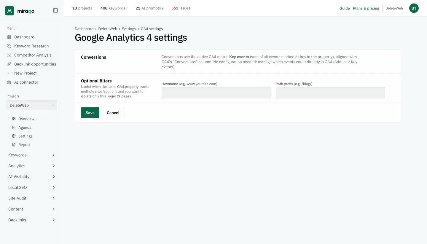 The Google Analytics 4 settings page: the Conversions box explains that it uses GA4’s native Key events, below the optional Hostname and Path prefix filters with the Cancel and Save buttons