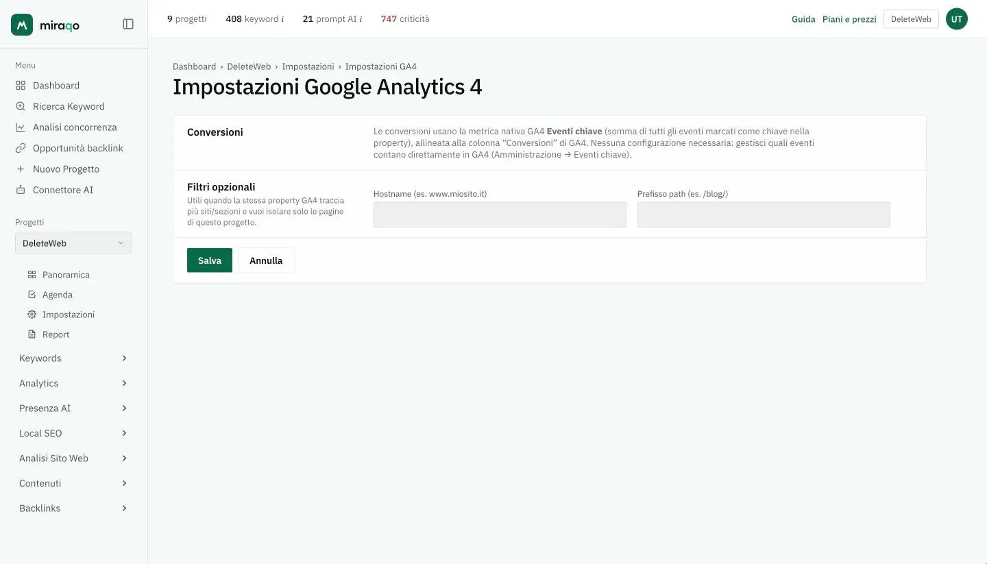 La pagina Impostazioni Google Analytics 4: il riquadro Conversioni spiega che si usano gli Eventi chiave nativi, sotto i Filtri opzionali Hostname e Prefisso path con i bottoni Annulla e Salva