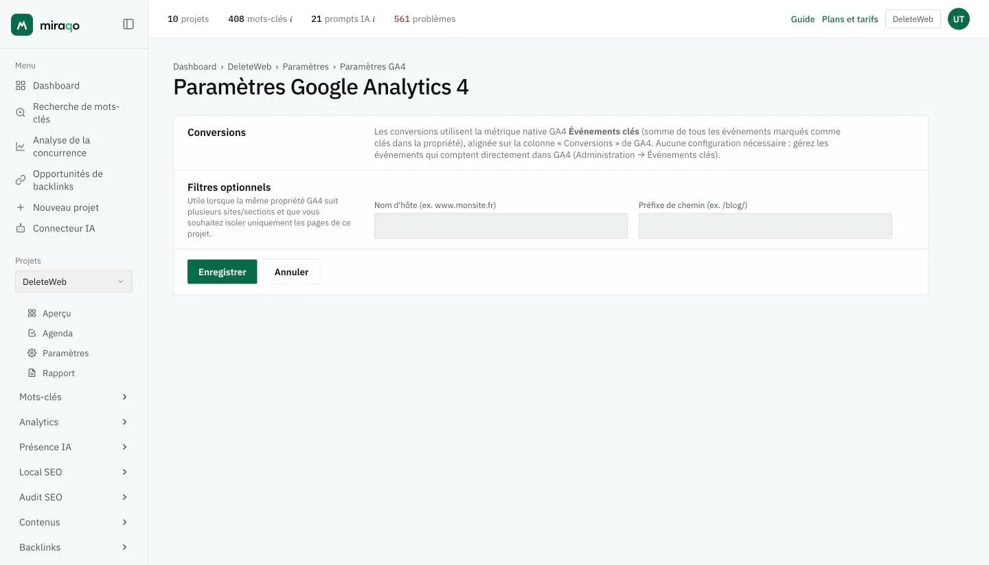 La page Paramètres Google Analytics 4 : l’encadré Conversions explique qu’on utilise les Événements clés natifs, en dessous les Filtres optionnels Nom d’hôte et Préfixe de chemin avec les boutons Annuler et Enregistrer