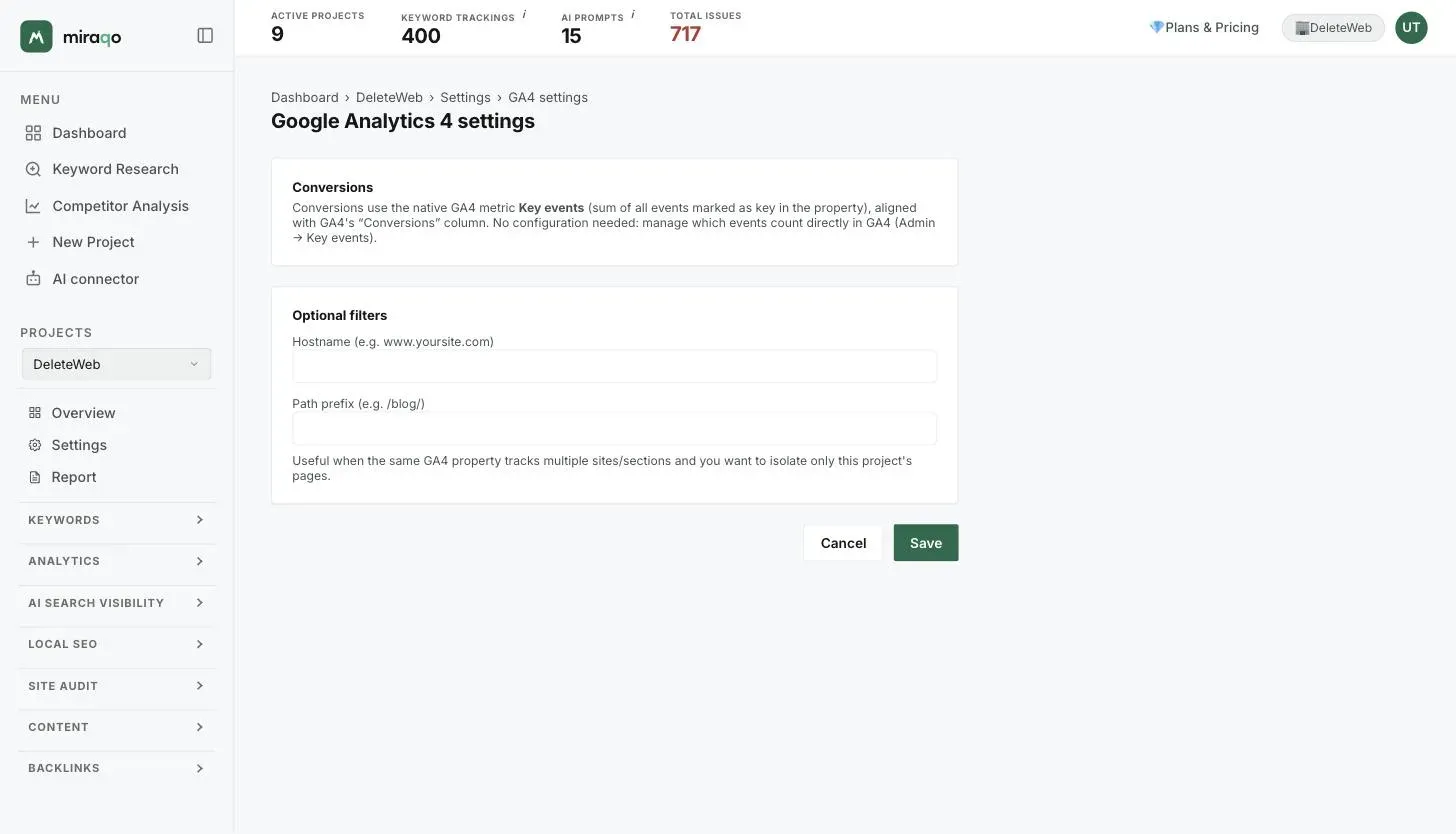 The Google Analytics 4 settings page: the Conversions box explains that it uses GA4’s native Key events, below the optional Hostname and Path prefix filters with the Cancel and Save buttons