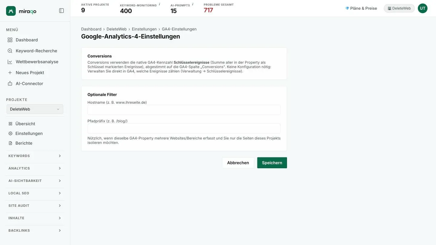 Die Seite Einstellungen Google Analytics 4: das Feld Conversions erklärt, dass die nativen Schlüsselereignisse verwendet werden, darunter die optionalen Filter Hostname und Pfad-Präfix mit den Buttons Abbrechen und Speichern