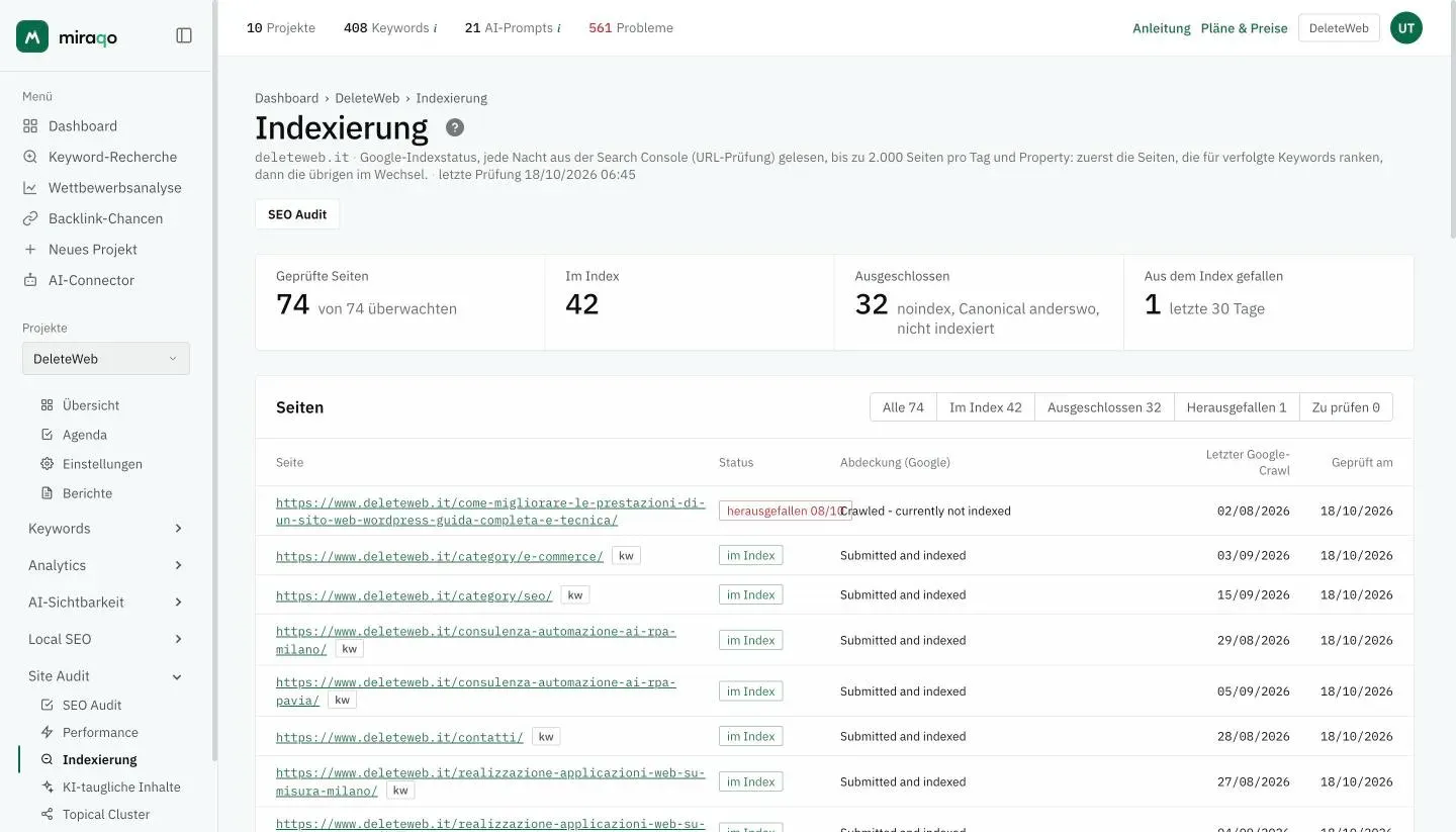 Die Seite Indexierung eines Projekts: oben die Karten Geprüfte Seiten, Im Index, Ausgeschlossen und Aus dem Index gefallen, darunter die Filter Alle, Im Index, Ausgeschlossen, Herausgefallen und Zu prüfen und die Tabelle mit Seite, Status, Google-Abdeckung, letztem Crawl und Prüfdatum