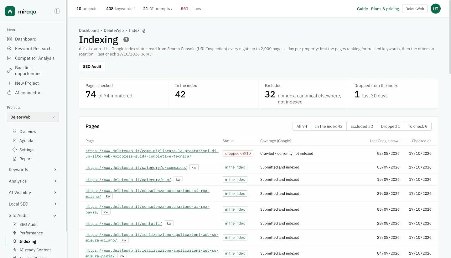 The Indexing page of a project: at the top the Pages checked, In the index, Excluded and Dropped from the index cards, below the All, In the index, Excluded, Dropped and To check filters and the table with page, status, Google coverage, last crawl and check date