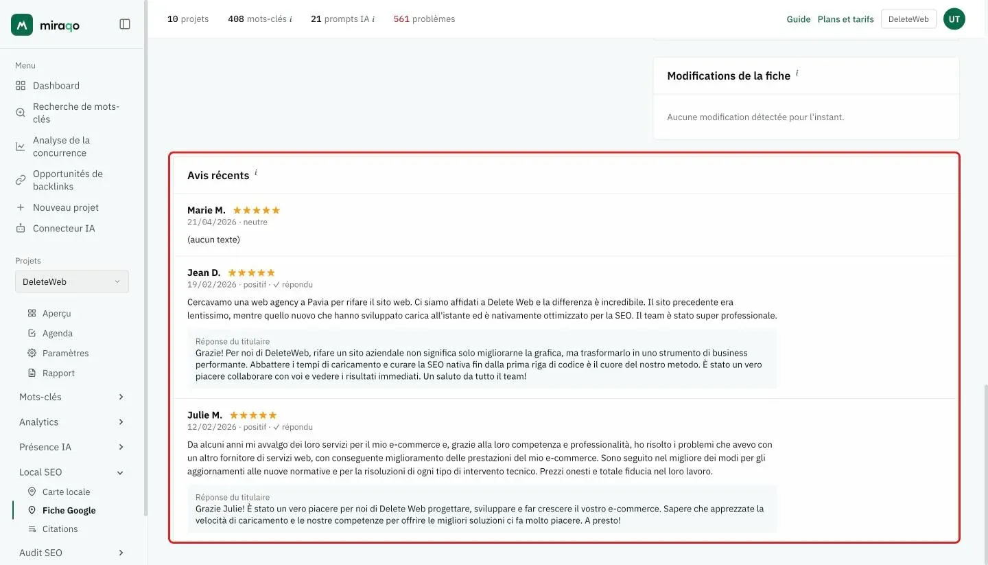 La carte Avis récents mise en évidence : trois avis avec auteur, étoiles, date et sentiment, la coche répondu et l’encadré Réponse du propriétaire