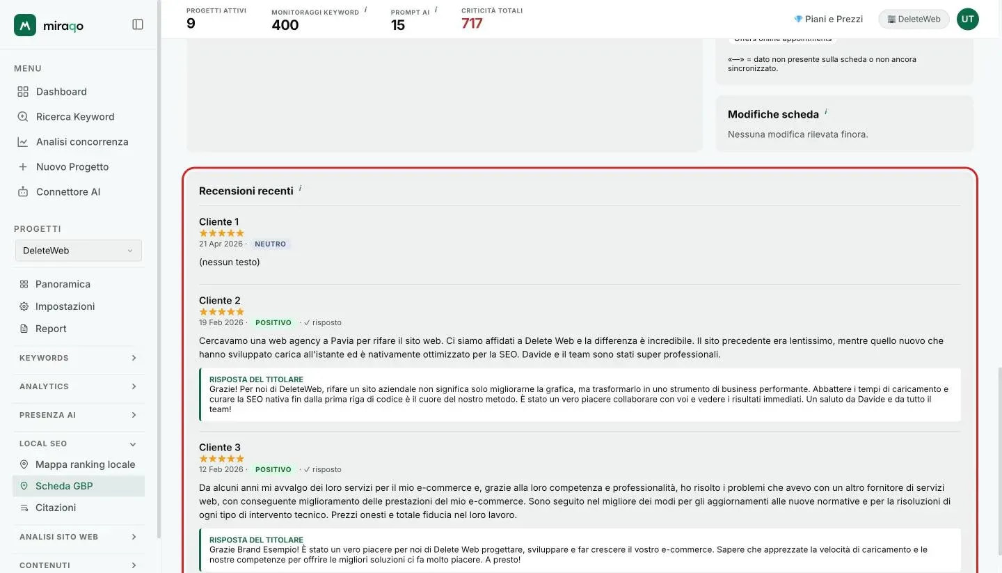 La card Recensioni recenti evidenziata: recensioni con autore, stelle, data, badge sentiment, spunta risposto e il blocco Risposta del titolare