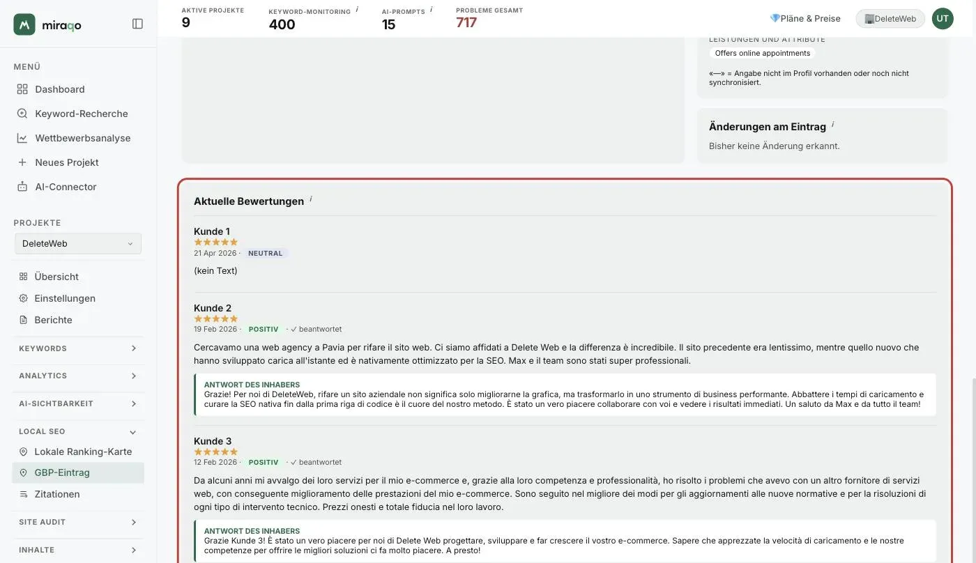 Die hervorgehobene Karte Aktuelle Rezensionen: Rezensionen mit Autor, Sternen, Datum, Sentiment-Badge, dem Häkchen beantwortet und dem Block Antwort des Inhabers