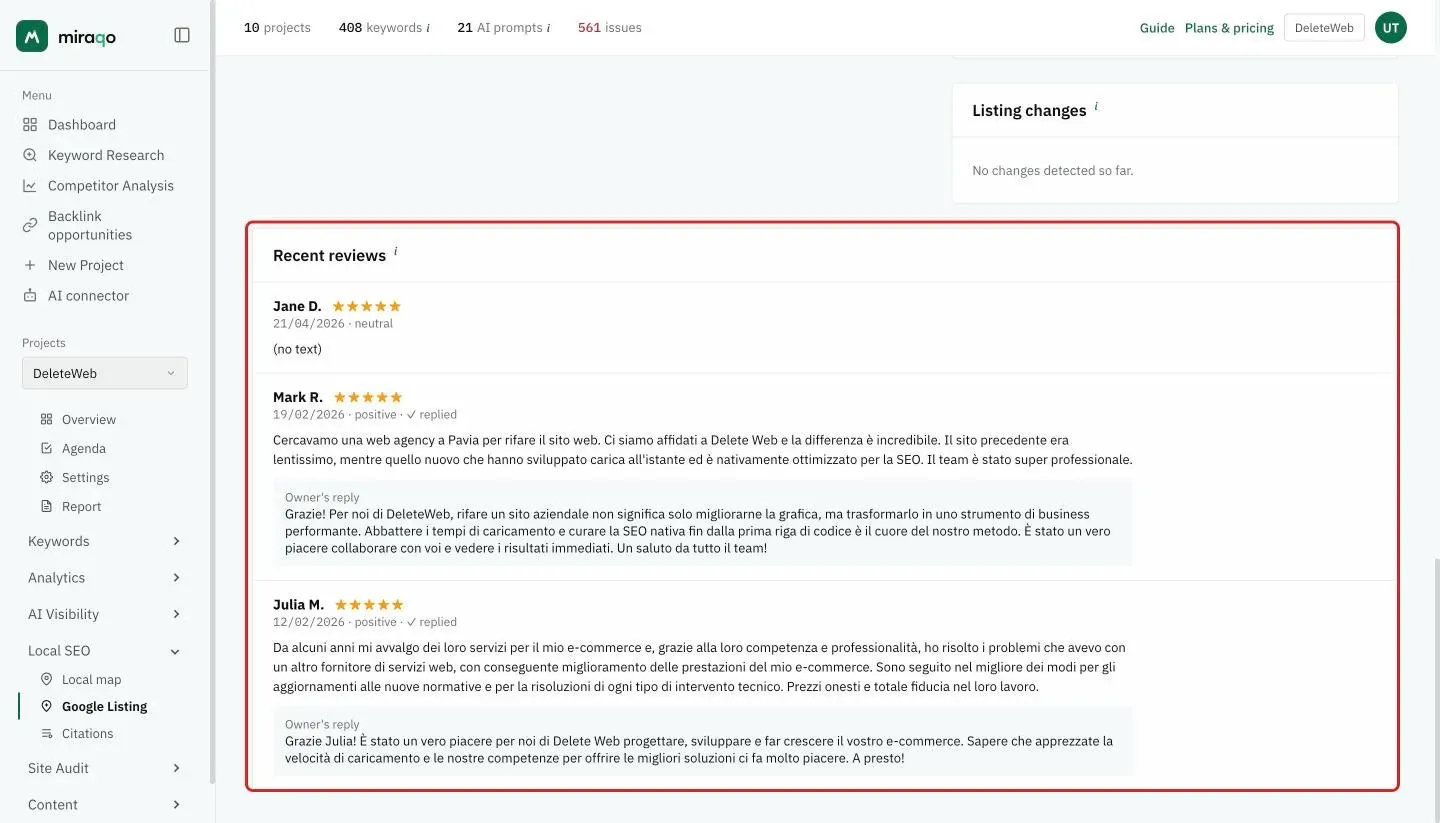 The Recent reviews card, highlighted: three reviews with author, stars, date and sentiment, the replied checkmark and the Owner’s reply box
